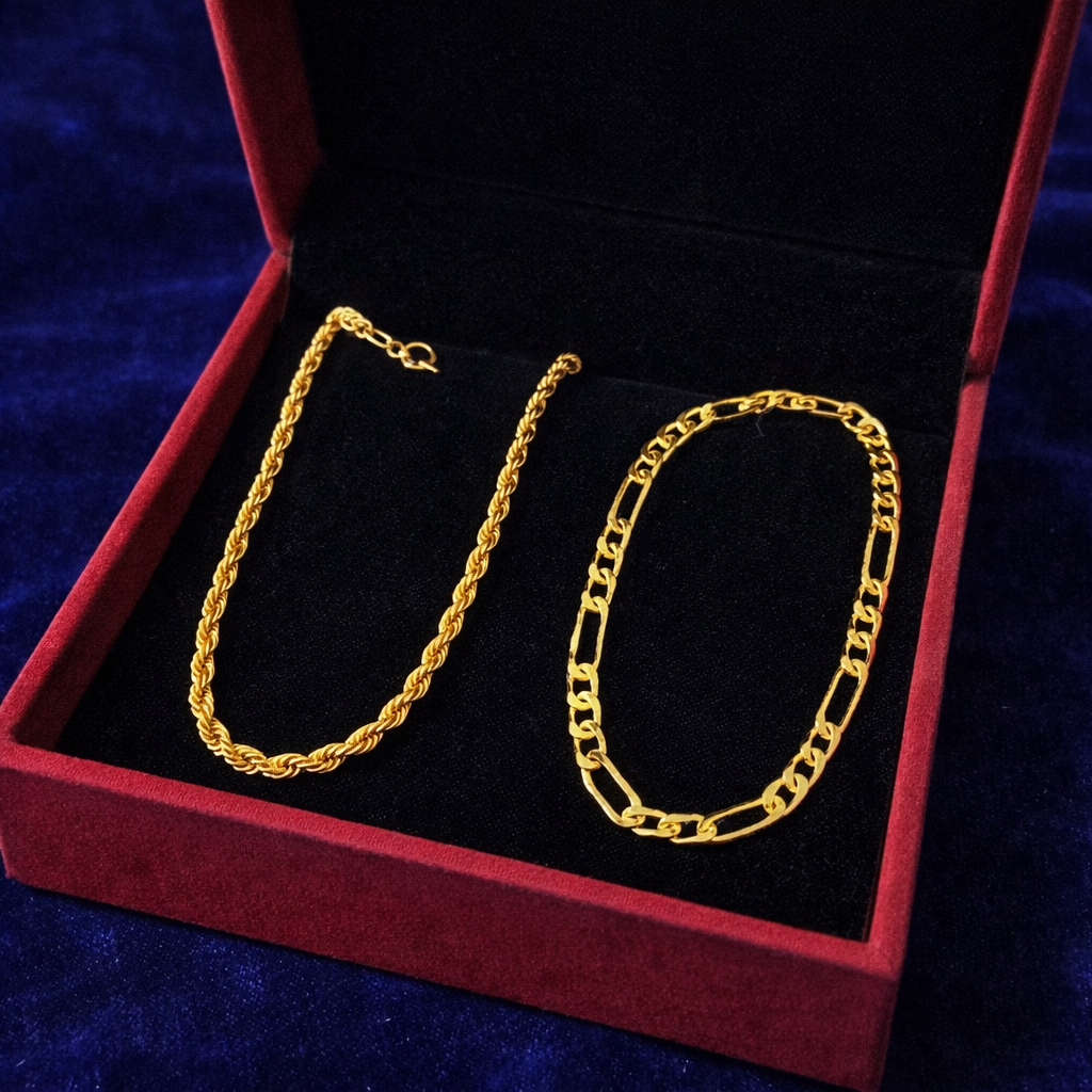 Gold plated Rope Chain & Figaro Bracelet Combo Set