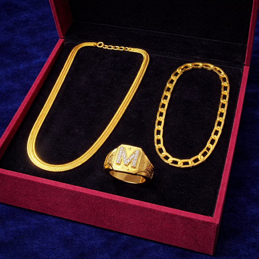 Gold plated Jewellery Combo Set – Chain, Bracelet & Initial Rin
