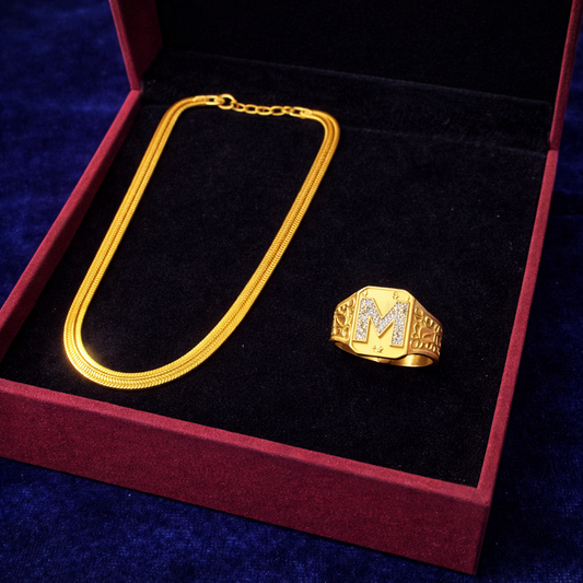 Gold plated Chain & “M” Initial Designer Ring Combo Set