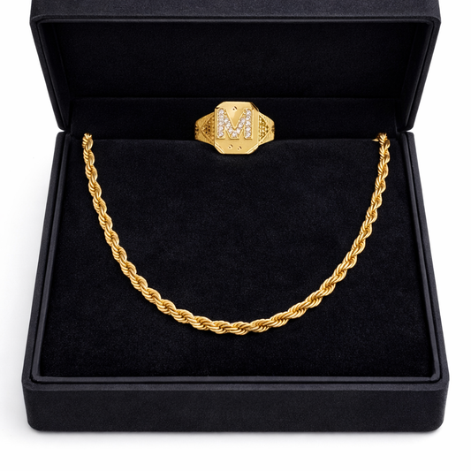 Gold plated Rope Chain & “M” Initial Ring Combo